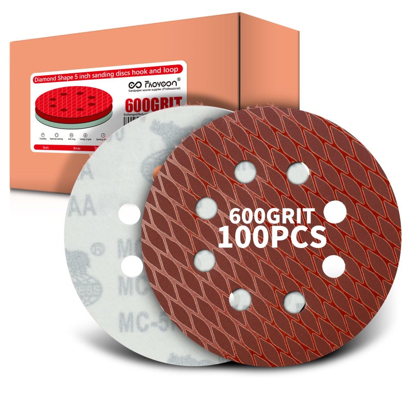 Faoyoon 600 grit Sanding Disc 5 Inch 8 Hole Hook and Loop, Diamond Shape Sand Paper for Woodworking & Automotive etc, Sanding Pads for Random Orbital Sander, 100-Pack - Image 1